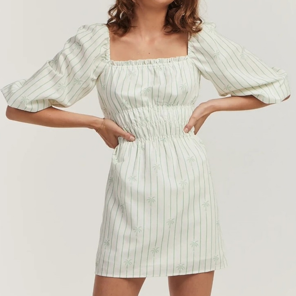 Anthropologie Charlie Holiday Boheme Mini Dress Palm Tree Print White Green 4